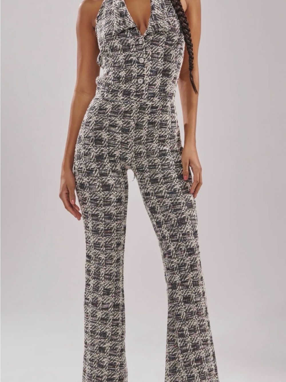 Akira houndstooth Halter Jumpsuit in Black & White